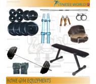 26 Kg Adjustable Home Gym Package, Rubber plates + Flat bench + 3 Rods + Gloves + Belt + Gripper